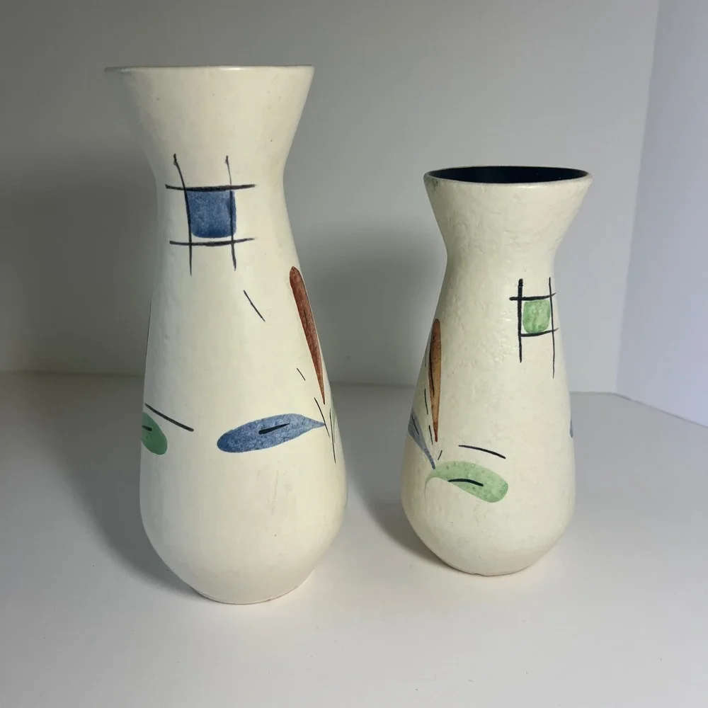 Fohr Keramik Vintage‎ MCM German Pottery Vases Floral Abstract Cream 6.5